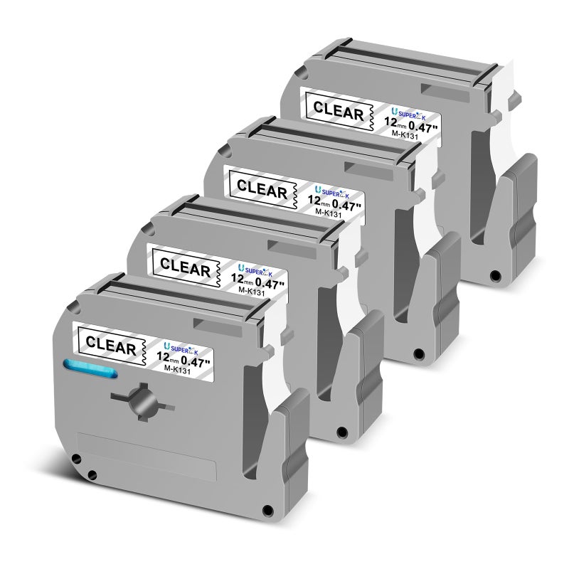 SuperInk 4 Pack Compatible for Brother Ptouch M Tape MK131 M-K131 M131s 0.47 Inch 12mm 1/2'' Black on Clear M Label Tape for Ptouch PTM95 PT85 PT65 PT90 PT-85 Label Maker Refills - Image 1